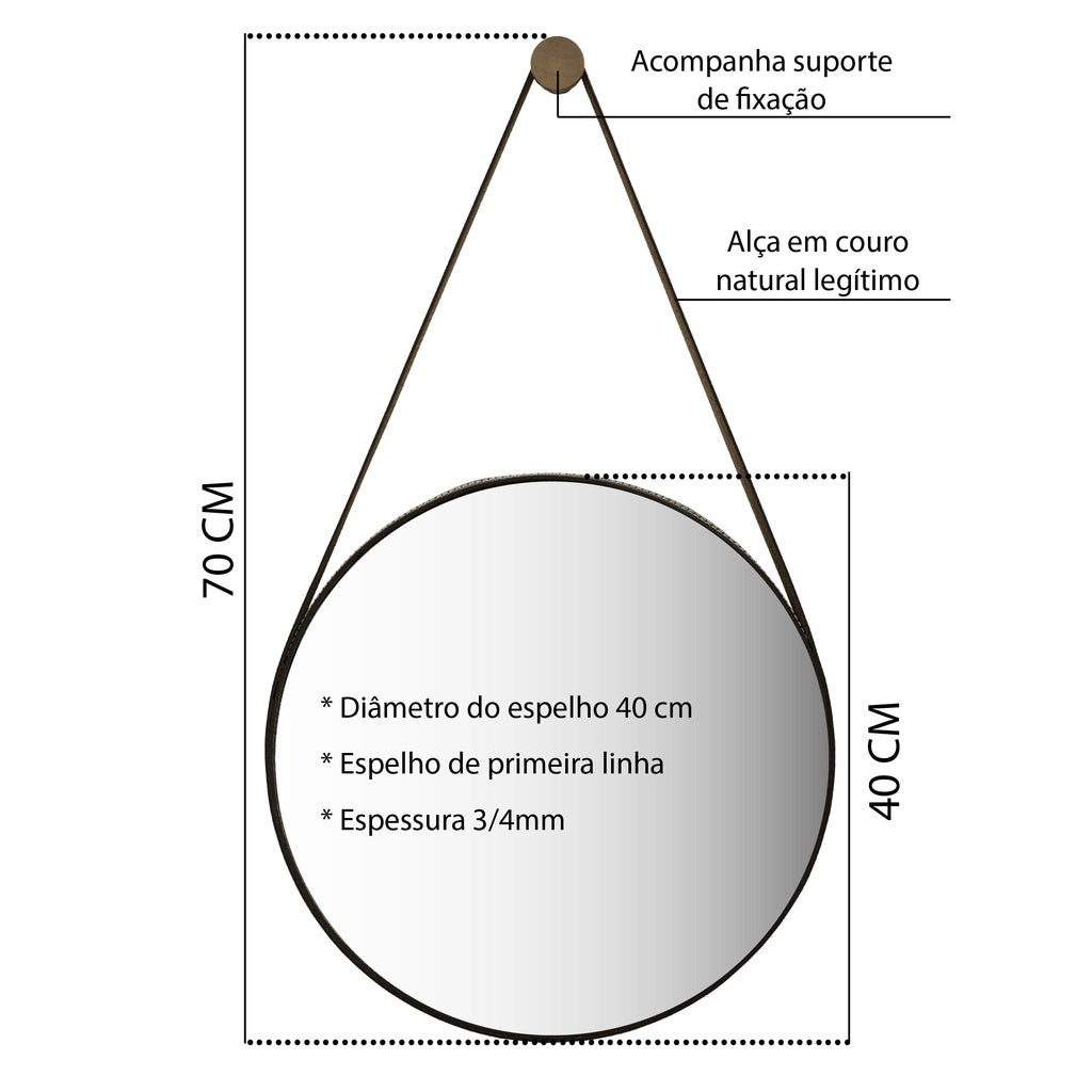 Espelho Redondo Decorativo Banheiro 40cm Suspenso Adnet Alça Couro + Pino