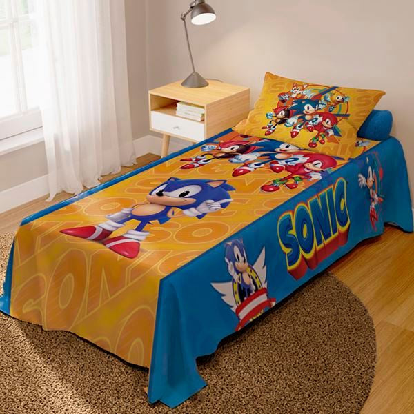 Jogo De Lençol Cobre Leito + Fronha Quarto Infantil Sonic